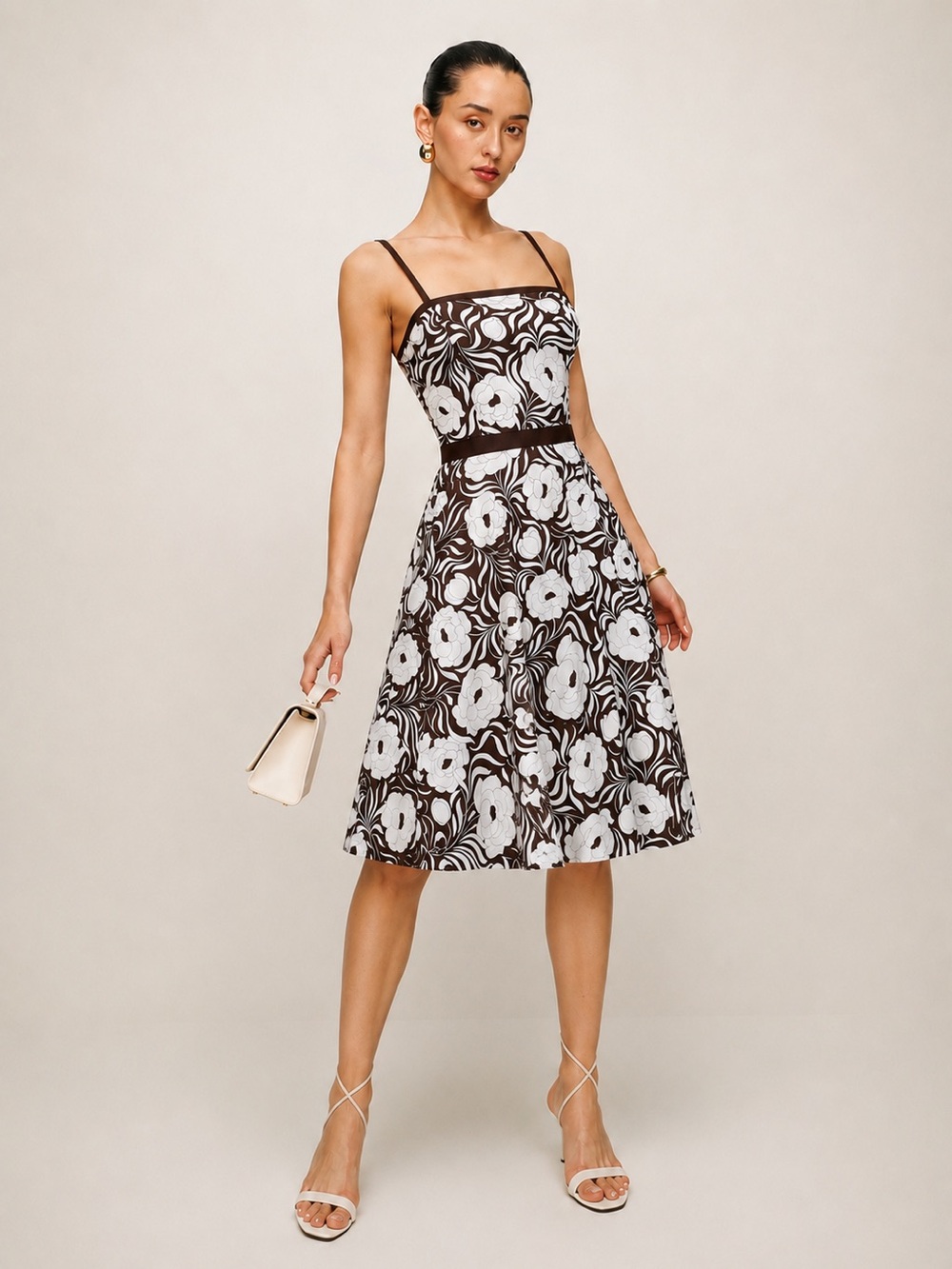 Ann Taylor Cotton Silk Floral Fit & Flare Dress Brown Ivory Y2K Mod Size 0